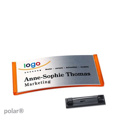 Namensschilder polar® alu-complete Nadel transluzent, orange | silber | 65 x 30 mm