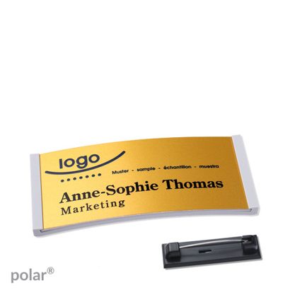 Namensschilder polar® alu-complete Nadel hellgrau | gold | 65 x 30 mm