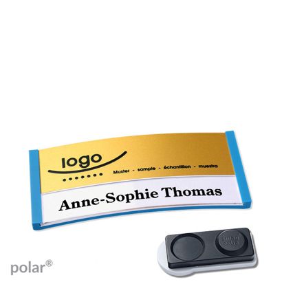 Namensschilder polar® alu-print Magnet smag® Magnet, extra stark | mittelblau | gold | 65 x 30 mm