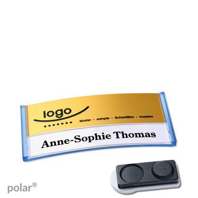 Namensschilder polar® alu-print Magnet smag® Magnet, extra stark | transluzent, blau | gold | 65 x 30 mm