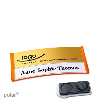 Namensschilder polar® alu-print Magnet smag® Magnet, extra stark | transluzent, orange | gold | 65 x 30 mm