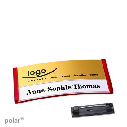 Namensschilder polar® alu-print Nadel transluzent, rot | gold | 65 x 30 mm