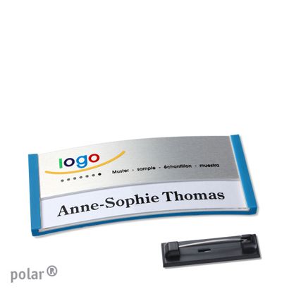 Namensschilder polar® alu-print Nadel mittelblau | silber | 65 x 30 mm