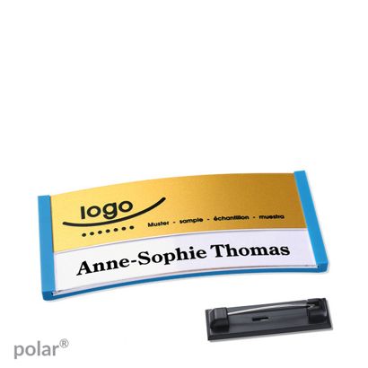 Namensschilder polar® alu-print Nadel mittelblau | gold | 65 x 30 mm