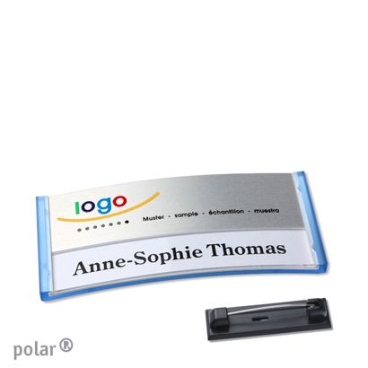 Namensschilder polar® alu-print Nadel transluzent, blau | silber | 65 x 30 mm