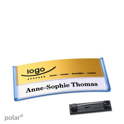 Namensschilder polar® alu-print Nadel transluzent, blau | gold | 65 x 30 mm