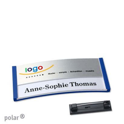 Namensschilder polar® alu-print Nadel blau | silber | 65 x 30 mm