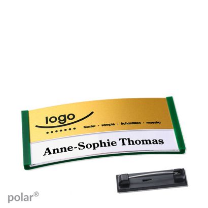 Namensschilder polar® alu-print Nadel grün | gold | 65 x 30 mm