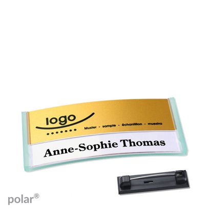 Namensschilder polar® alu-print Nadel transluzent, grün | gold | 65 x 30 mm
