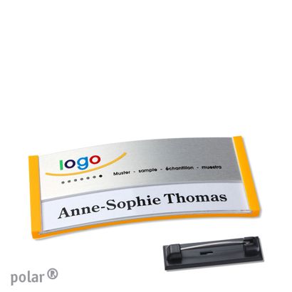Namensschilder polar® alu-print Nadel gelb | silber | 65 x 30 mm
