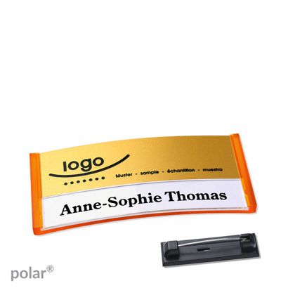 Namensschilder polar® alu-print Nadel transluzent, orange | gold | 65 x 30 mm