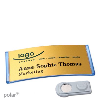 Namensschilder polar® alu-complete magnet smag® Magnet | transluzent, blau | gold | 74 x 34 mm