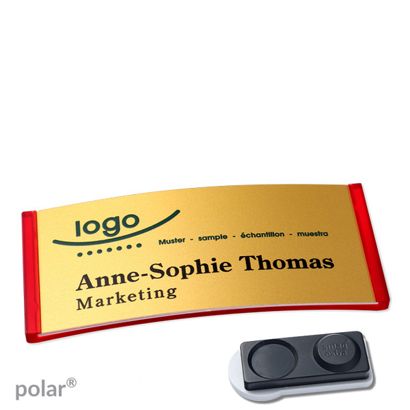Namensschilder polar® alu-complete magnet smag® Magnet, extra stark | transluzent, rot | gold | 74 x 34 mm