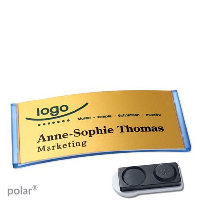 Namensschilder polar® alu-complete magnet smag® Magnet, extra stark | transluzent, blau | gold | 74 x 34 mm