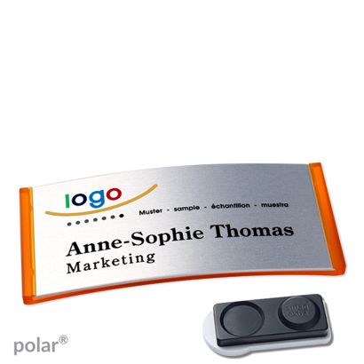 Namensschilder polar® alu-complete magnet smag® Magnet, extra stark | transluzent, orange | silber | 74 x 34 mm