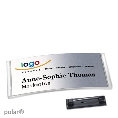Namensschilder polar® alu-complete Nadel transparent | silber | 74 x 34 mm