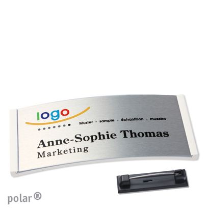 Namensschilder polar® alu-complete Nadel weiß | silber | 74 x 34 mm