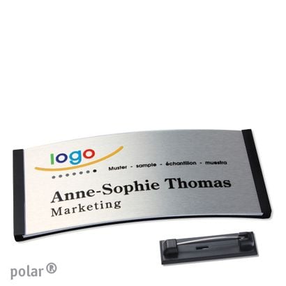 Namensschilder polar® alu-complete Nadel schwarz | silber | 74 x 34 mm
