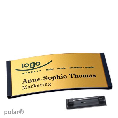 Namensschilder polar® alu-complete Nadel schwarz | gold | 74 x 34 mm