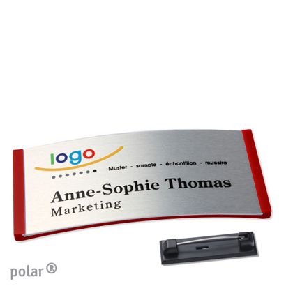 Namensschilder polar® alu-complete Nadel rot | silber | 74 x 34 mm