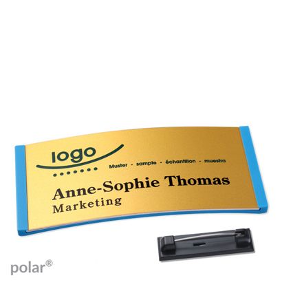 Namensschilder polar® alu-complete Nadel mittelblau | gold | 74 x 34 mm