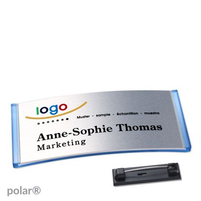 Namensschilder polar® alu-complete Nadel transluzent, blau | silber | 74 x 34 mm