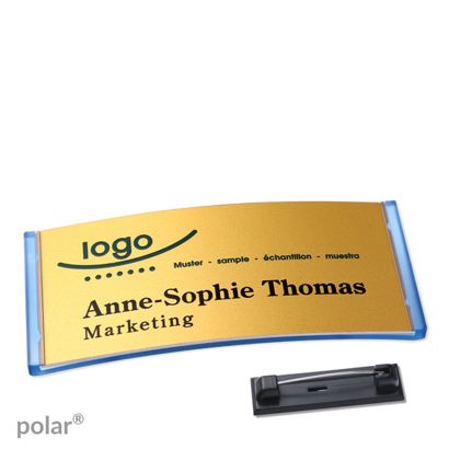 Namensschilder polar® alu-complete Nadel transluzent, blau | gold | 74 x 34 mm
