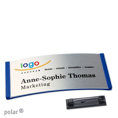 Namensschilder polar® alu-complete Nadel blau | silber | 74 x 34 mm