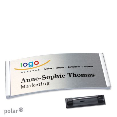 Namensschilder polar® alu-complete Nadel chrom | silber | 74 x 34 mm