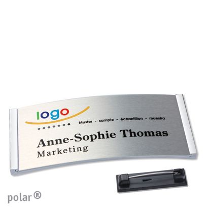 Namensschilder polar® alu-complete Nadel edelstahl | silber | 74 x 34 mm