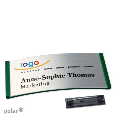 Namensschilder polar® alu-complete Nadel grün | silber | 74 x 34 mm
