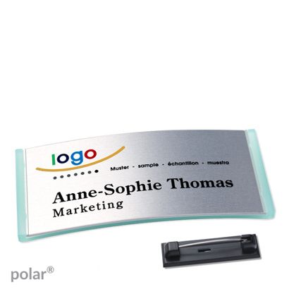 Namensschilder polar® alu-complete Nadel transluzent, grün | silber | 74 x 34 mm