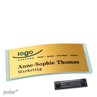 Namensschilder polar® alu-complete Nadel transluzent, grün | gold | 74 x 34 mm