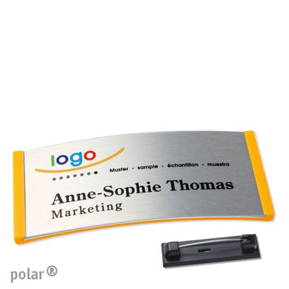 Namensschilder polar® alu-complete Nadel gelb | silber | 74 x 34 mm