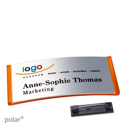 Namensschilder polar® alu-complete Nadel transluzent, orange | silber | 74 x 34 mm