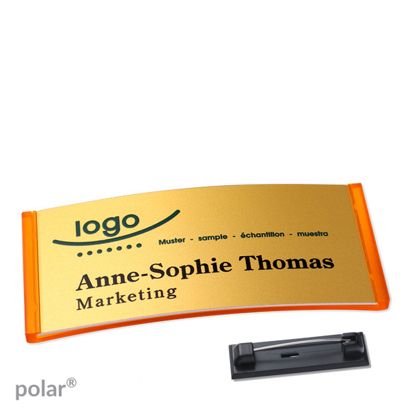 Namensschilder polar® alu-complete Nadel transluzent, orange | gold | 74 x 34 mm