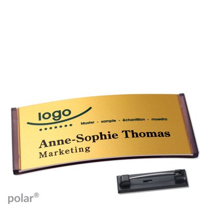 Namensschilder polar® alu-complete Nadel transluzent, anthrazit | gold | 74 x 34 mm