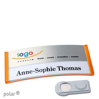 Namensschilder polar® alu-print Magnet smag® Magnet | transluzent, orange | silber | 74 x 34 mm
