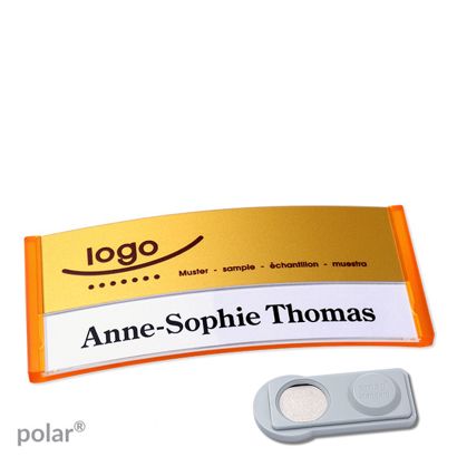 Namensschilder polar® alu-print Magnet smag® Magnet | transluzent, orange | gold | 74 x 34 mm
