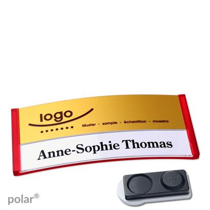 Namensschilder polar® alu-print Magnet smag® Magnet, extra stark | transluzent, rot | gold | 74 x 34 mm