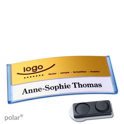 Namensschilder polar® alu-print Magnet smag® Magnet, extra stark | transluzent, blau | gold | 74 x 34 mm