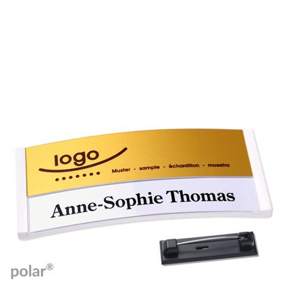 Namensschilder polar® alu-print Nadel weiß | gold | 74 x 34 mm