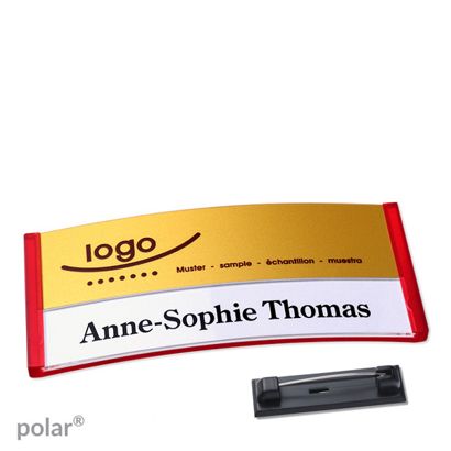 Namensschilder polar® alu-print Nadel transluzent, rot | gold | 74 x 34 mm