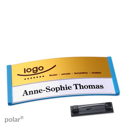 Namensschilder polar® alu-print Nadel mittelblau | gold | 74 x 34 mm