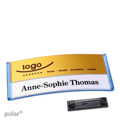 Namensschilder polar® alu-print Nadel transluzent, blau | gold | 74 x 34 mm
