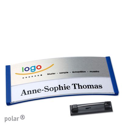 Namensschilder polar® alu-print Nadel blau | silber | 74 x 34 mm