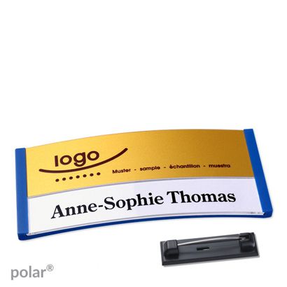 Namensschilder polar® alu-print Nadel blau | gold | 74 x 34 mm