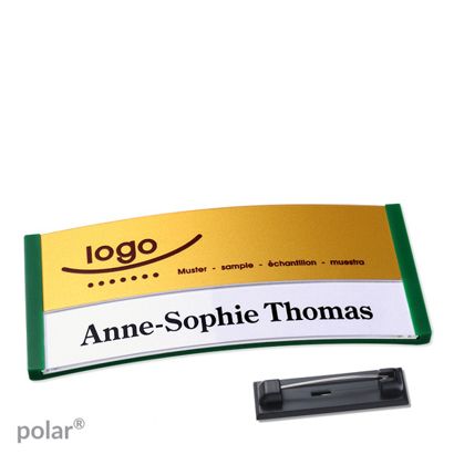 Namensschilder polar® alu-print Nadel grün | gold | 74 x 34 mm
