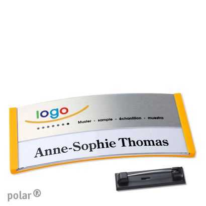 Namensschilder polar® alu-print Nadel gelb | silber | 74 x 34 mm