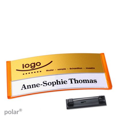 Namensschilder polar® alu-print Nadel transluzent, orange | gold | 74 x 34 mm
